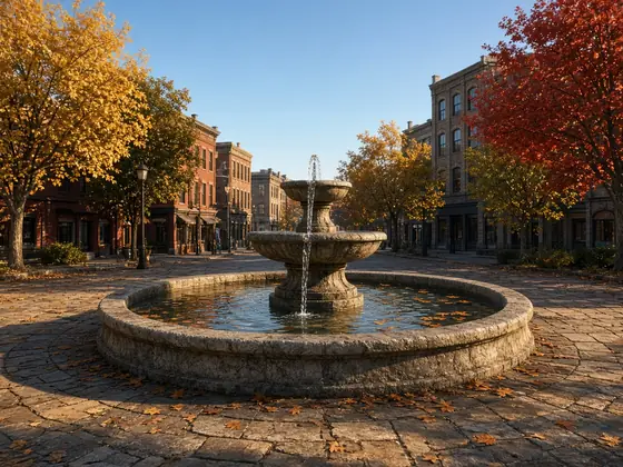 A stone fountain in a city plaza on a sunny fall afternoon, with autumn trees in orange, red and gold and fallen leaves on the pavement