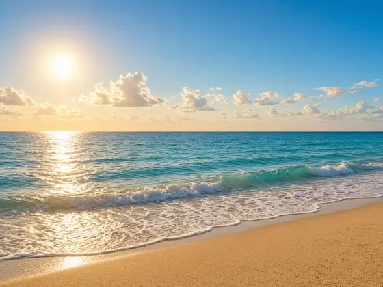 Turquoise ocean waves rolling onto warm golden sand on a bright late afternoon with a clear blue sky