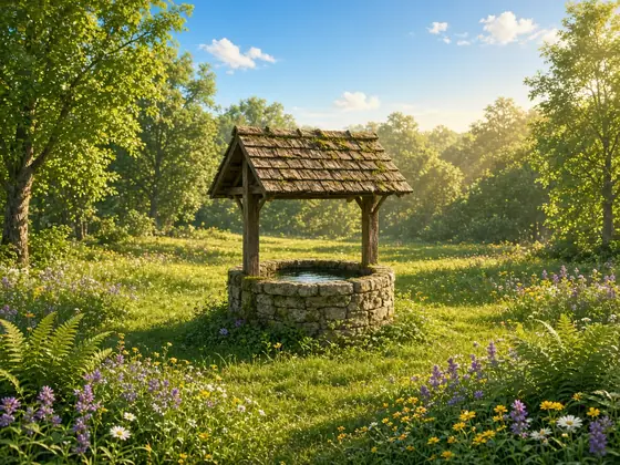 A friendly mossy stone well with a wooden roof in a bright, sunlit forest clearing with green grass, ferns and wildflowers